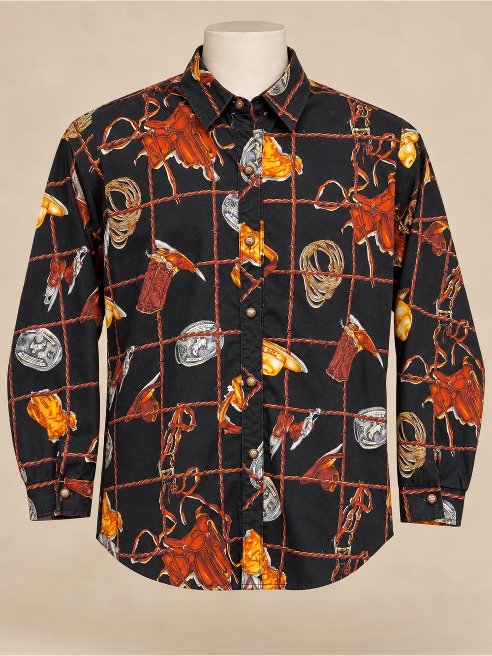 Roper Black Western Print Button-Down Shirt with Orange & Brown Accents